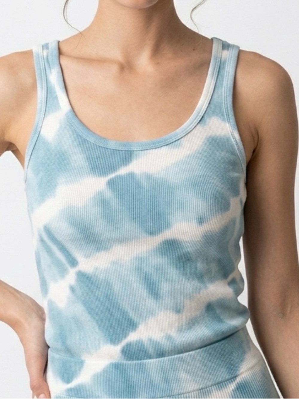 Prospirit Women’s, Ribbed Tie-Dye Scoop Tank - Light Blue & White